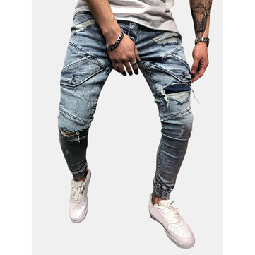Mens&nbsp;Casual&nbsp;Skinny&nbsp;Elegante&nbsp;Rasgado&nbsp;Zipper Mid cintura Jeans