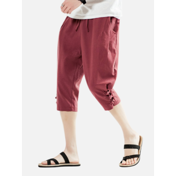 Mens Summer Loose Cotton Calf Length Pants