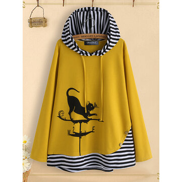 Cartoon Katze Streifen Patchwork Langarm Kapuzenpullover