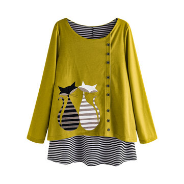 Stripe Cartoon Cat Print Patchwork Blusa de manga comprida