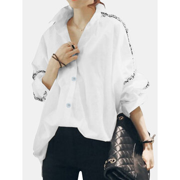 Blusa lisa de manga larga y patchwork suelta causal