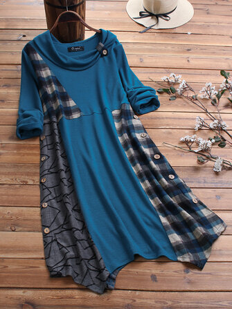 Knopafdruk geruite patchwork asymmetrische Plus maat blouse