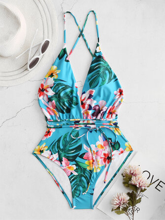 فلورا مطبوعة العميق necklines Strappy عارية الذراعين ملابس السباحة