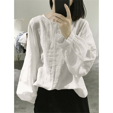 Vintage Solid Color Long Sleeve Loose Casual Blouse