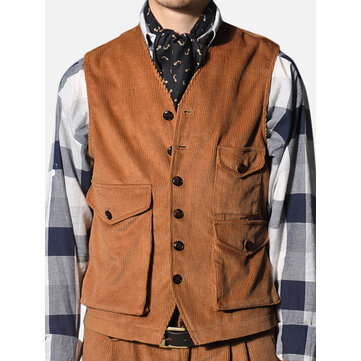 Mens Retro Corduroy Vest Multi Pockets Sleeveless Coat Tops