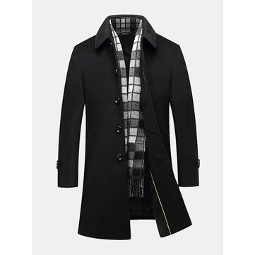 Black Business Stylish Woolen Overcoat Mid Long Trench Coat