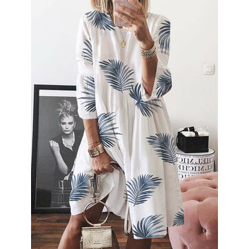 Damska luźna sukienka z okrągłym dekoltem i długim rękawem