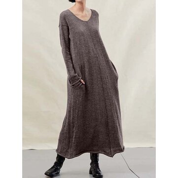 Robe maxi décontractée à manches longues et col en V pour femmes