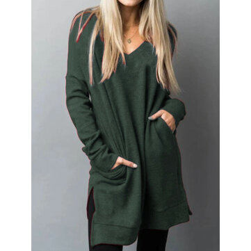 Blusa larga casual con cuello en V y abertura lateral para mujer