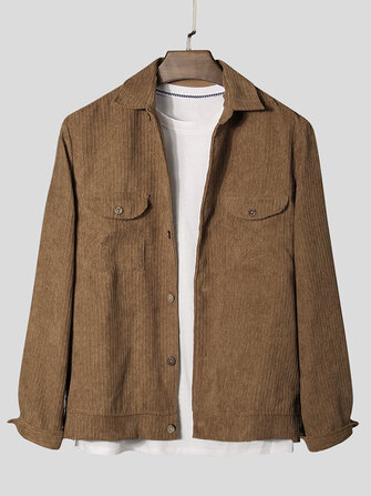 Mens Corduroy Vintage Solid Color manga comprida Double Pocket