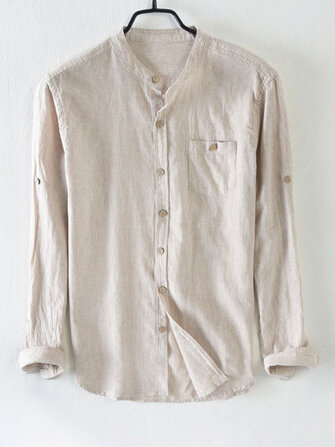 TWO-SIDED Mens Cotton Vertical Striped Stand Collar Shirts