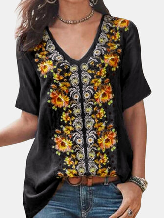 Bohemian Çiçek Desenli V Yaka Kısa Kol Vintage Bluz