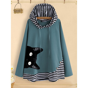 漫画猫プリントストライプパッチワークフーディー