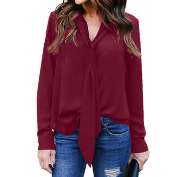 Chiffon lange mouw v-hals losse effen causale blouse