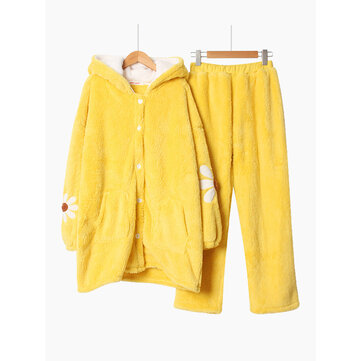 الأزهار المرجان الصوف زر أسفل 2 قطعة بيجامة مجموعة مع غطاء محرك السيارة