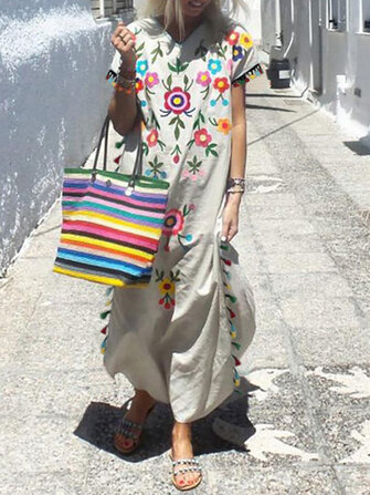 Drucken Sie lose Vintage Quaste Seite Split Floral Maxi Kleid