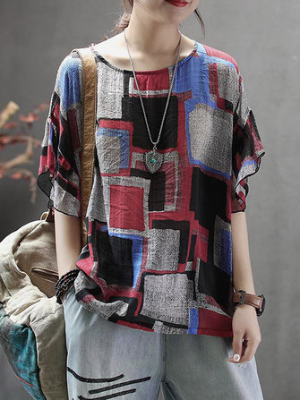 Mulheres manga curta em torno do pesco&ccedil;o blusa de impress&atilde;o casual