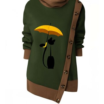 Cartoon-Druck-asymmetrisches Knopf-Patchwork-Sweatshirt