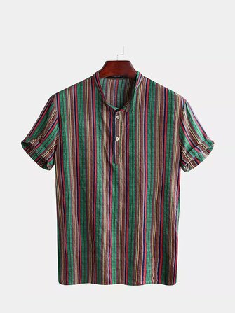Camisas de manga corta de estilo étnico a rayas vendimia para hombre
