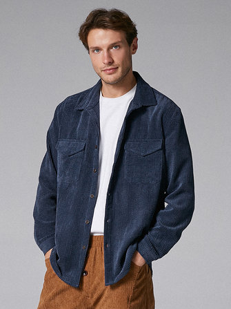 メンズヴィンテージコーデュロイビッグチェストポケット無地シャツ