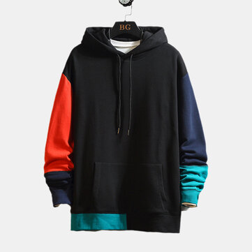 ファッションパッチワークドローストリングフード付きプルオーバースウェットシャツ