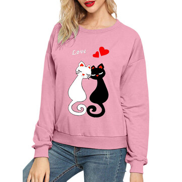 Cute Cat Print O-neck Long Sleeve Casual Sweatshirt