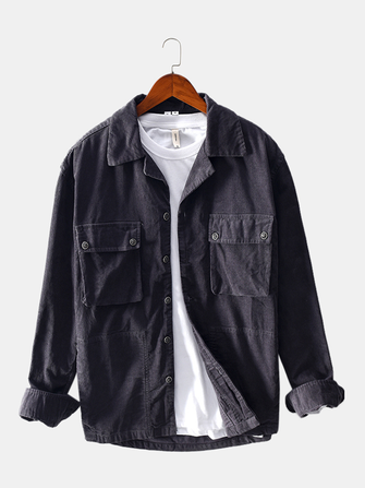 Men Corduroy Dual Chest Pockets Cargo Vintage Jacket