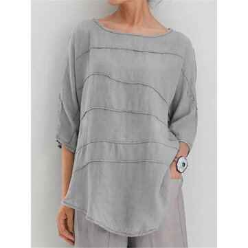 Women Crew Neck 3/4 Sleeve Causal Blouse