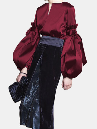 Causaal Puff Sleeve Shirt Silky Satin Cocktail Kantoorblouse