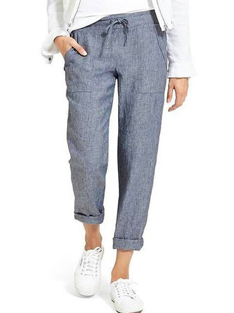 Kadınlar Saf Renk Elastik Bel Yan Pantolon Pantolon