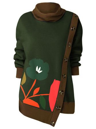 Casual Women High Collar Button High Low Sweatshirt