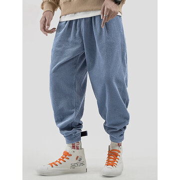 Hombres vendimia Pana Cintura elástica Gruesa Color puro Pantalones