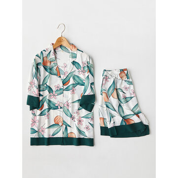 Kurzärmliges Satin-Pyjama-Set mit Blumendruck am Revers