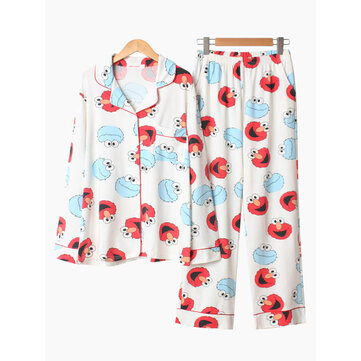 القطن الكرتون المطبوعة زر التلبيب أسفل بيجامة طويلة الأكمام