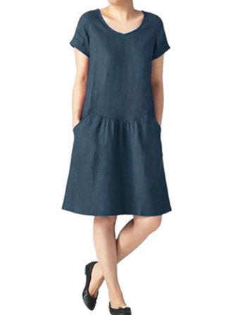 Ретро Женское Pure Color с коротким рукавом Mid Long Платье с карманами