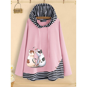 ストライプパッチワーク漫画猫プリントボタンフーディー
