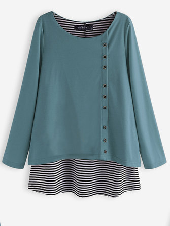 Langärmlige Patchwork-Bluse mit Rundhalsausschnitt und Streifen