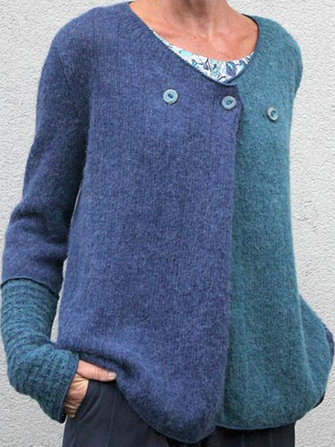 V-Neck Color Block Casual Loose Buttons Sweaters