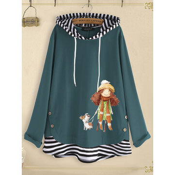 Seitlicher Knopf-Karikatur-Druck-Streifen-Patchwork Kapuzenpullover