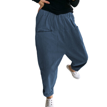 Pure Color Elastic Waist Drop-Crotch Pockets Harem Pants