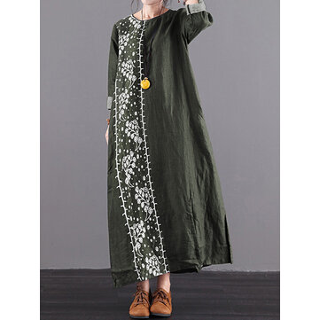 女性プリントラウンドネックルーズスプリットヴィンテージマキシドレス