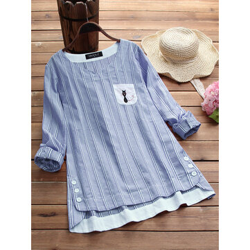 Boczne przyciski Stripe Cat Haftowana bluzka z patchworku