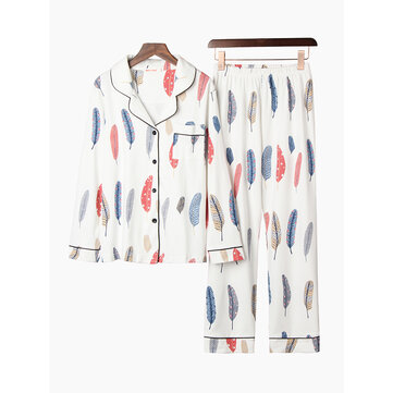 Womem Conjunto de pijama de algodão com lapela e manga comprida