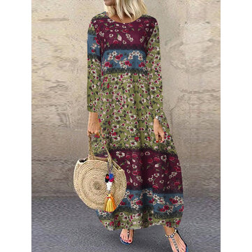 Robe à manches longues en coton à imprimé floral avec encolure en coton pour femmes