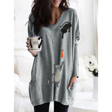 Casual Cat Print Double Pockets Lâche Chemises pour les femmes