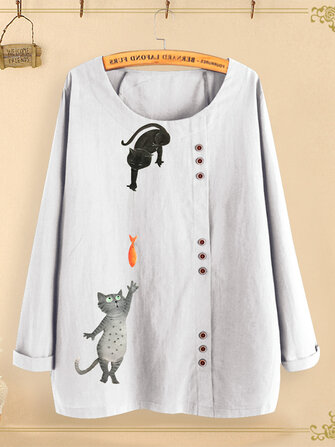 Botão Gato Dos Desenhos Animados Imprimir O-pescoço Blusa Casual Camisas