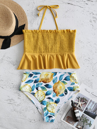 Orta Bel Straplez Fırfır Trim Flora Baskılı Tankinis