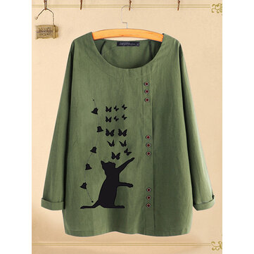 Kadın Çizgi Film Kedi Baskı Ekip Boyun Uzun Kollu Tişörtler