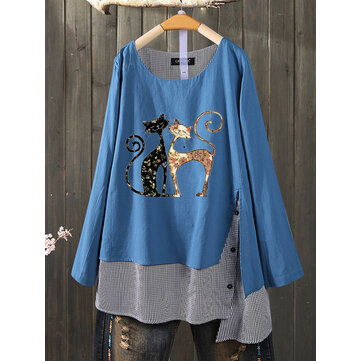 Kedi Karikatür Baskı O-Yaka Gevşek Ekose Yama Bluz