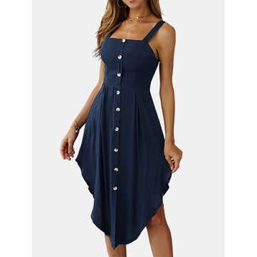 Straps Sleeveless Irregular Hem Button Shirt Dress